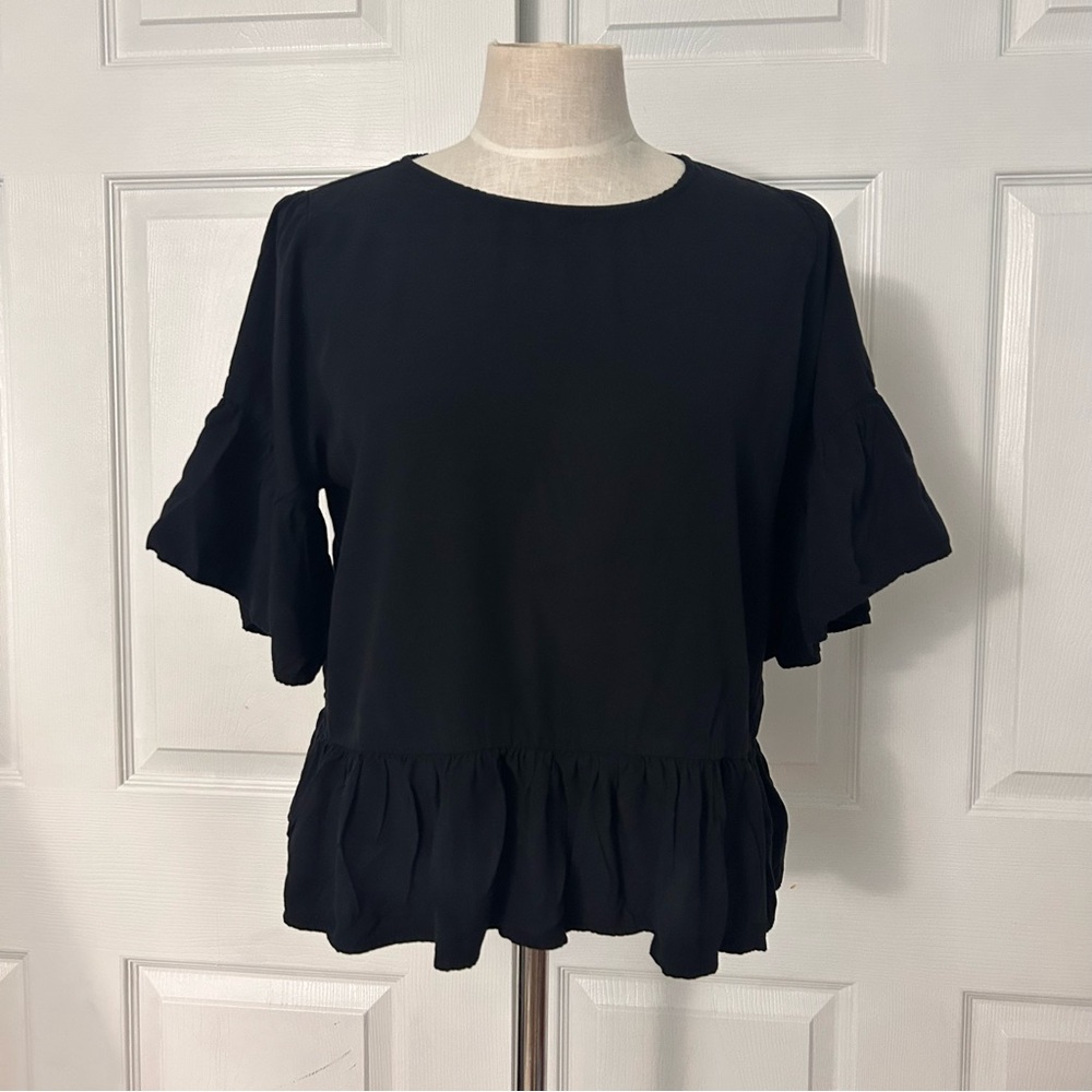 Abercrombie & Fitch Black Ruffle 3/4 Sleeve Babydoll Top L